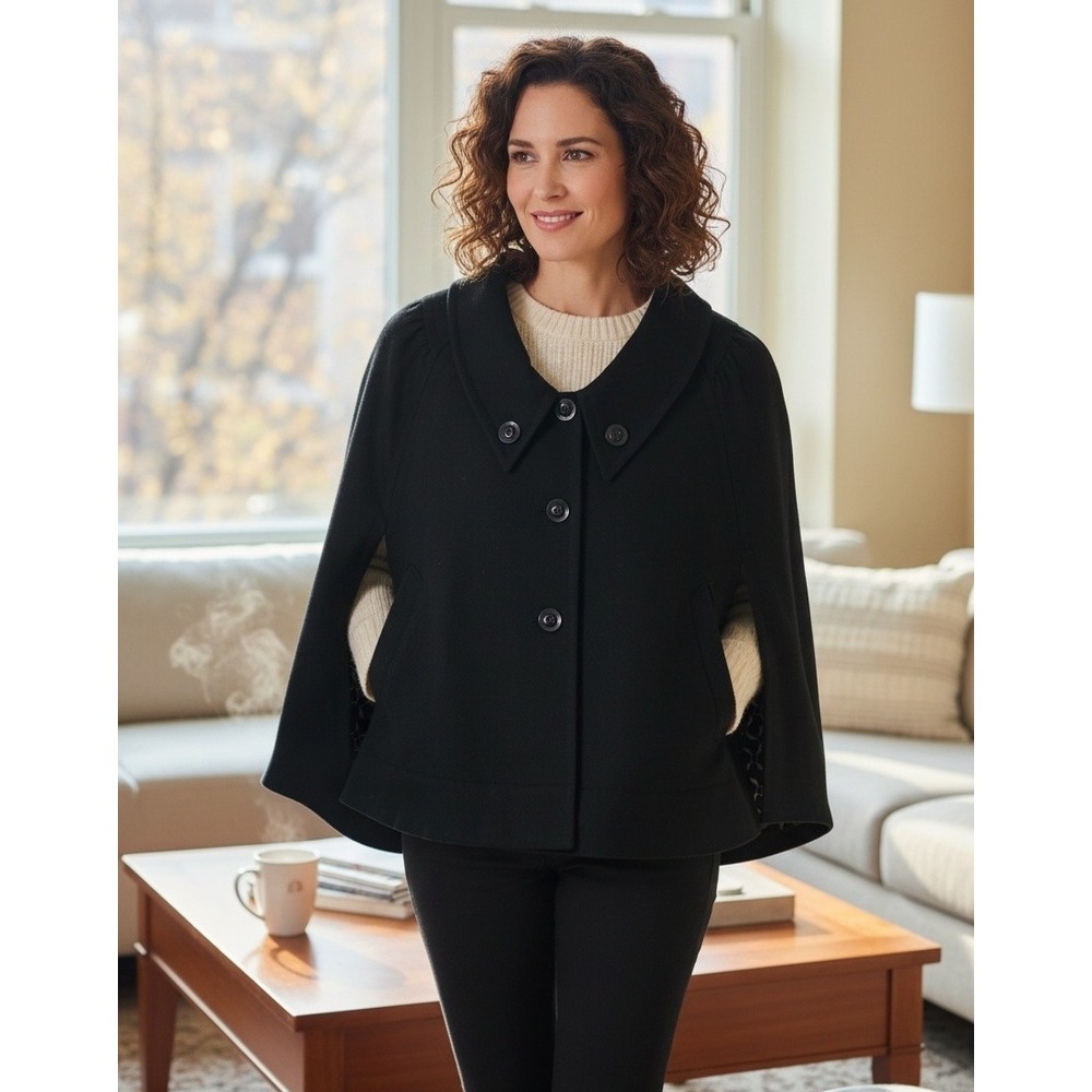 Tulle Wool Cape Jacket Black – Size M – Classic Double‑Breasted Style